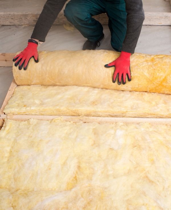 A man is installing insulation material on a wooden floor in a construction setting.