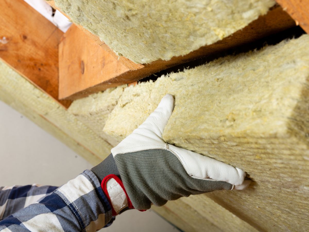 A gloved hand presses insulation material against a wooden beam in a home construction project.