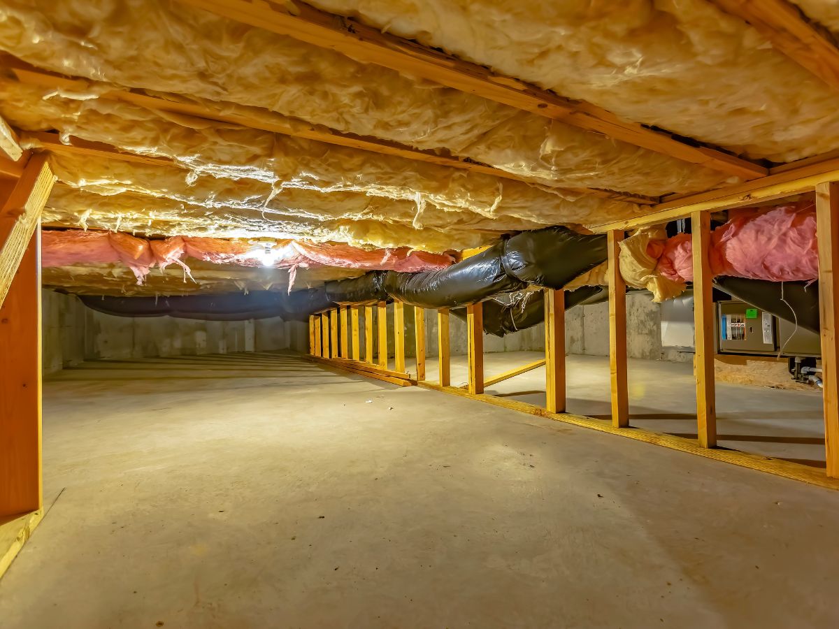 A gloved hand is installing insulation material between wooden beams in a ceiling, showcasing a home improvement project.