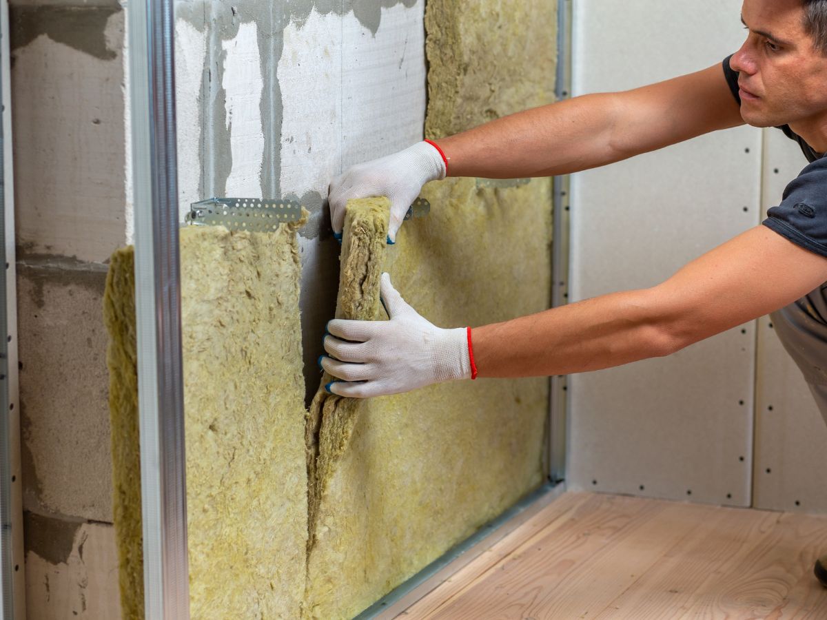 A man installs insulation in a room, carefully placing materials between the wall studs for energy efficiency.