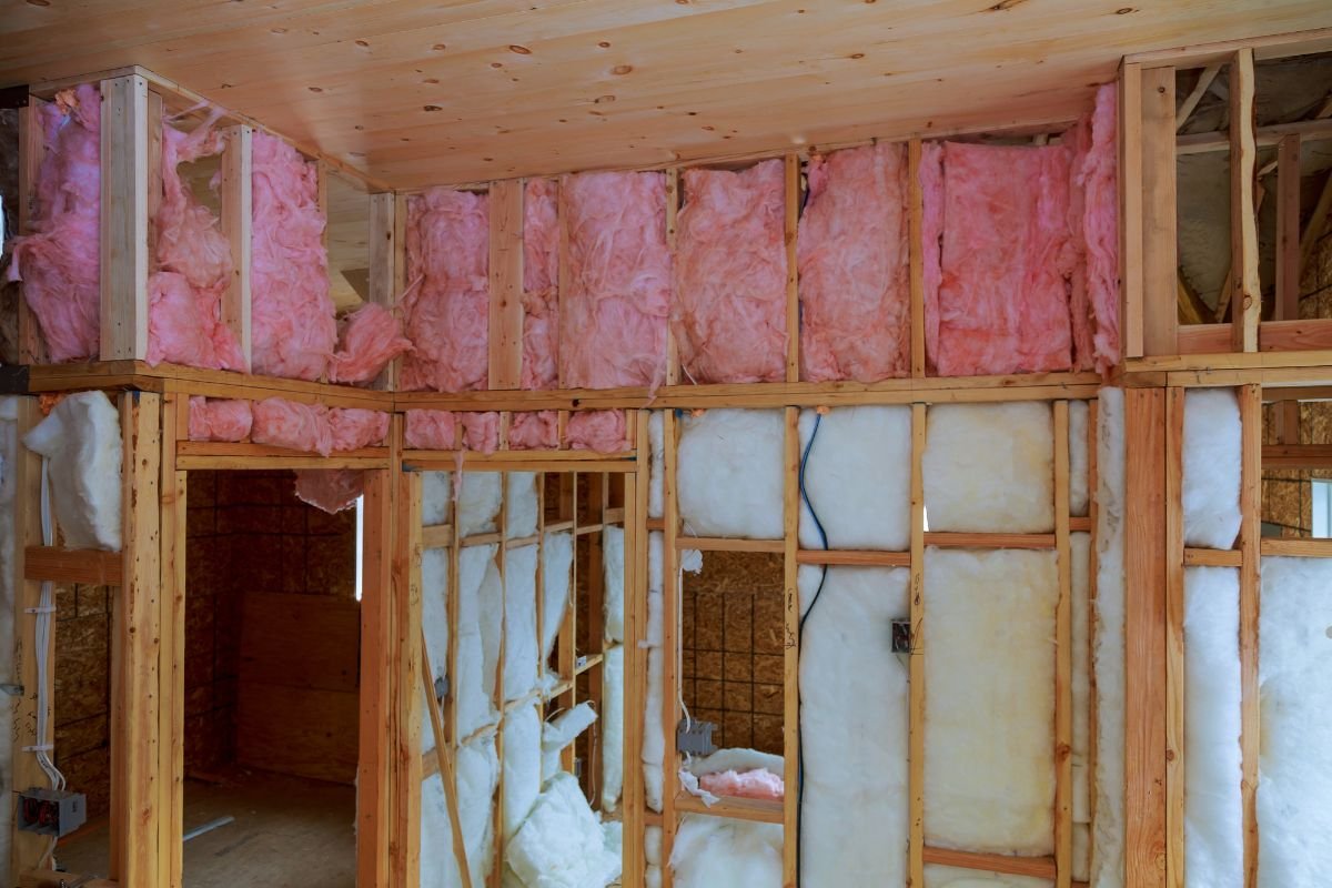 A room featuring pink insulation and wooden framing, showcasing the work of an insulation service.